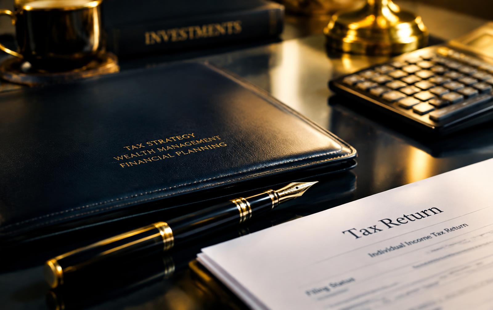 Tax return and gold pen on a navy desk